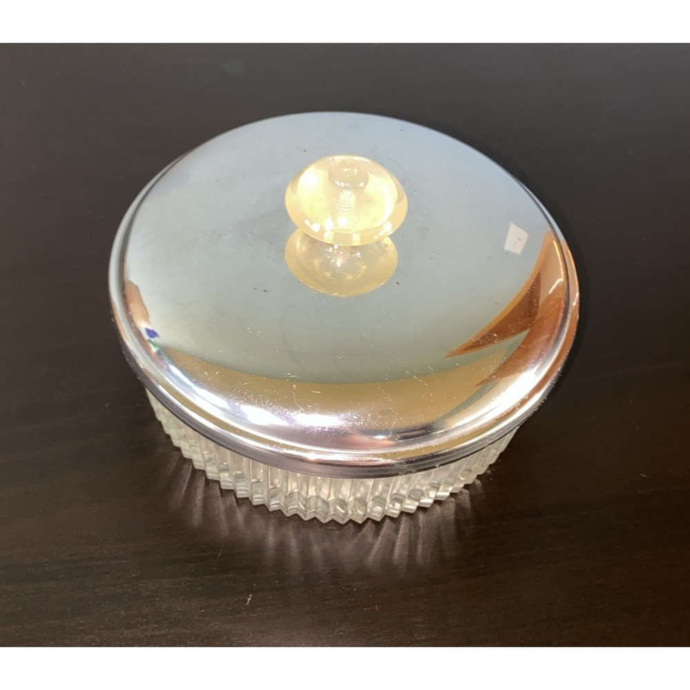 Vintage Clear Ribbed‎ Glass Powder Vanity Dresser Jar & Silver Metal Lid